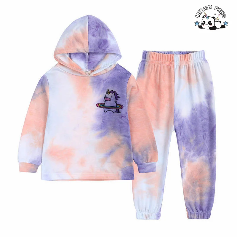 LEZONKIDS - Factory Custom Long Sleeves Hoodie and Pants Two Piece Set Kids Boys Girls Tie-dye Hooded Sweatsuit